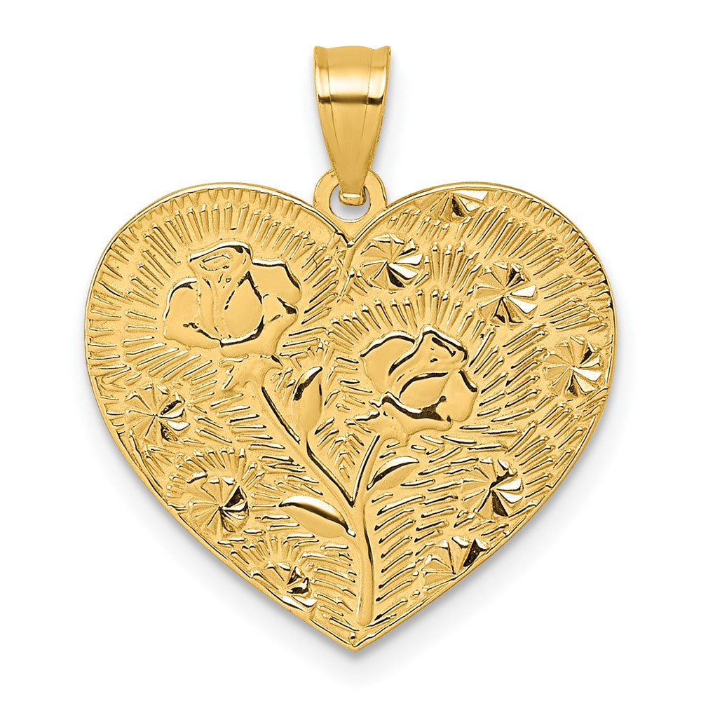 14k Polished and Textured Flower Rose Mother's Love Heart Pendant - Product Photo