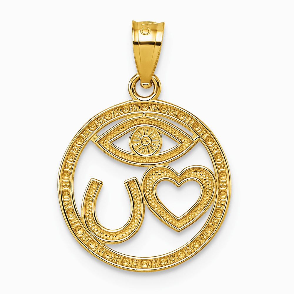 14K Yellow Gold Polished Heart Evil Eye And Horse Shoe In Circle Pendant - Product Photo