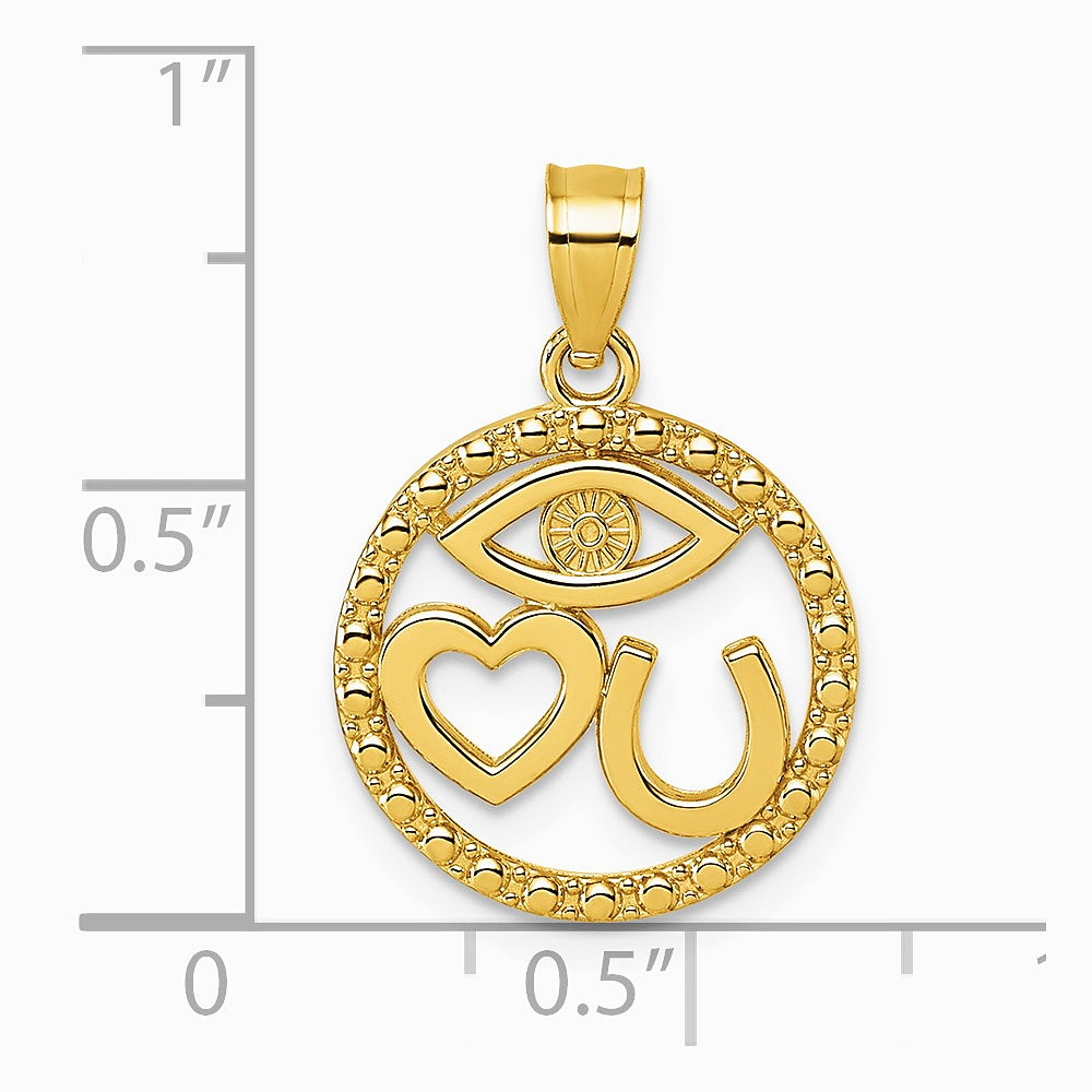 14K Yellow Gold Polished Heart Evil Eye And Horse Shoe In Circle Pendant - Product Photo