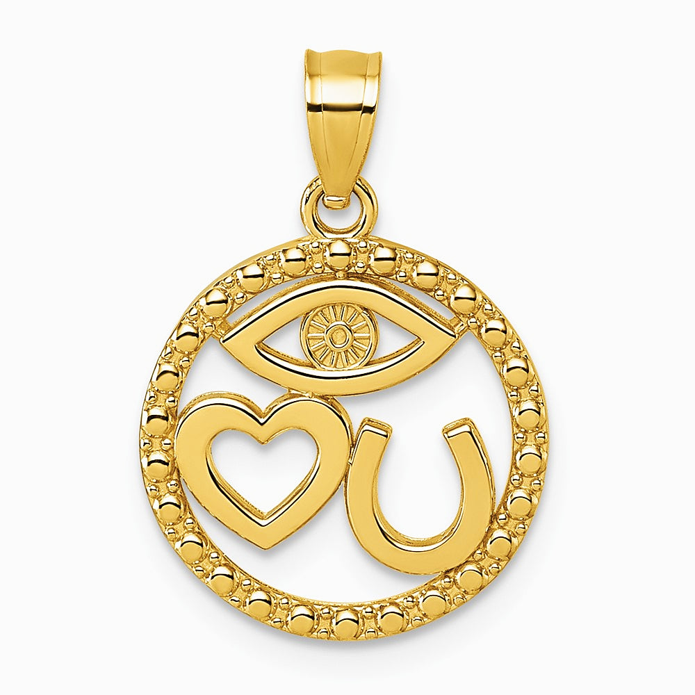 14K Yellow Gold Polished Heart Evil Eye And Horse Shoe In Circle Pendant - Product Photo