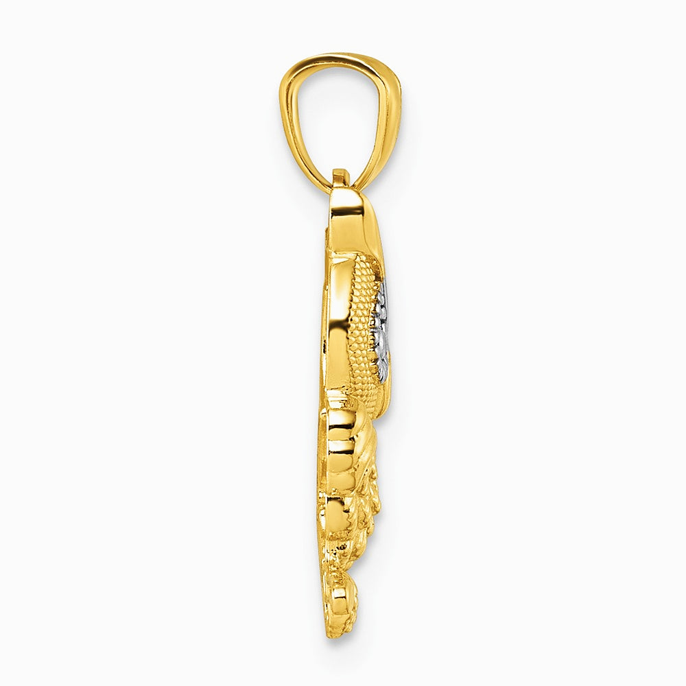 14K Yellow & Rhodium & Rhodium Polished & Textured Owl Pendant - Product Photo