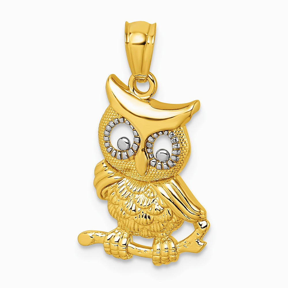 14K Yellow & Rhodium & Rhodium Polished & Textured Owl Pendant - Product Photo