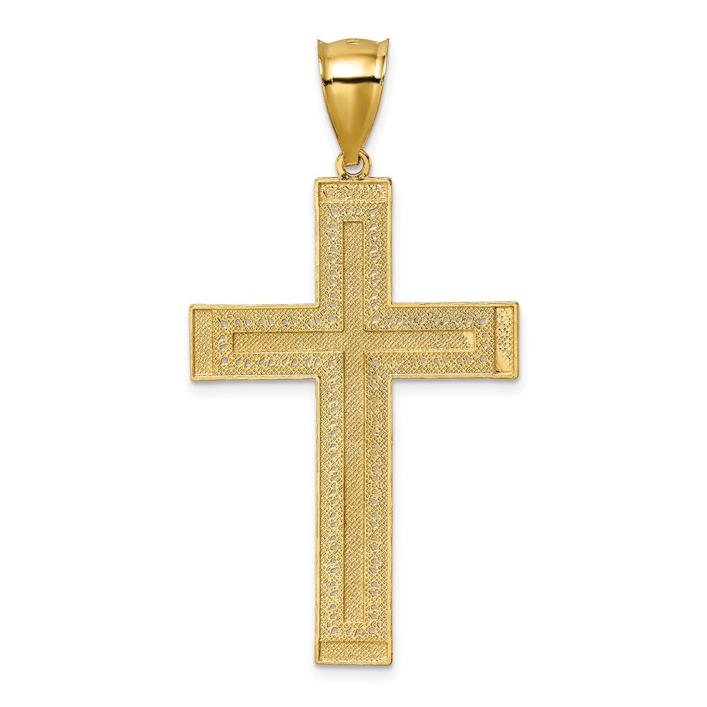 14K Yellow & Rhodium Pol. with Rhodium Diamond-cut Textured Fancy Cross Pendant - Product Photo