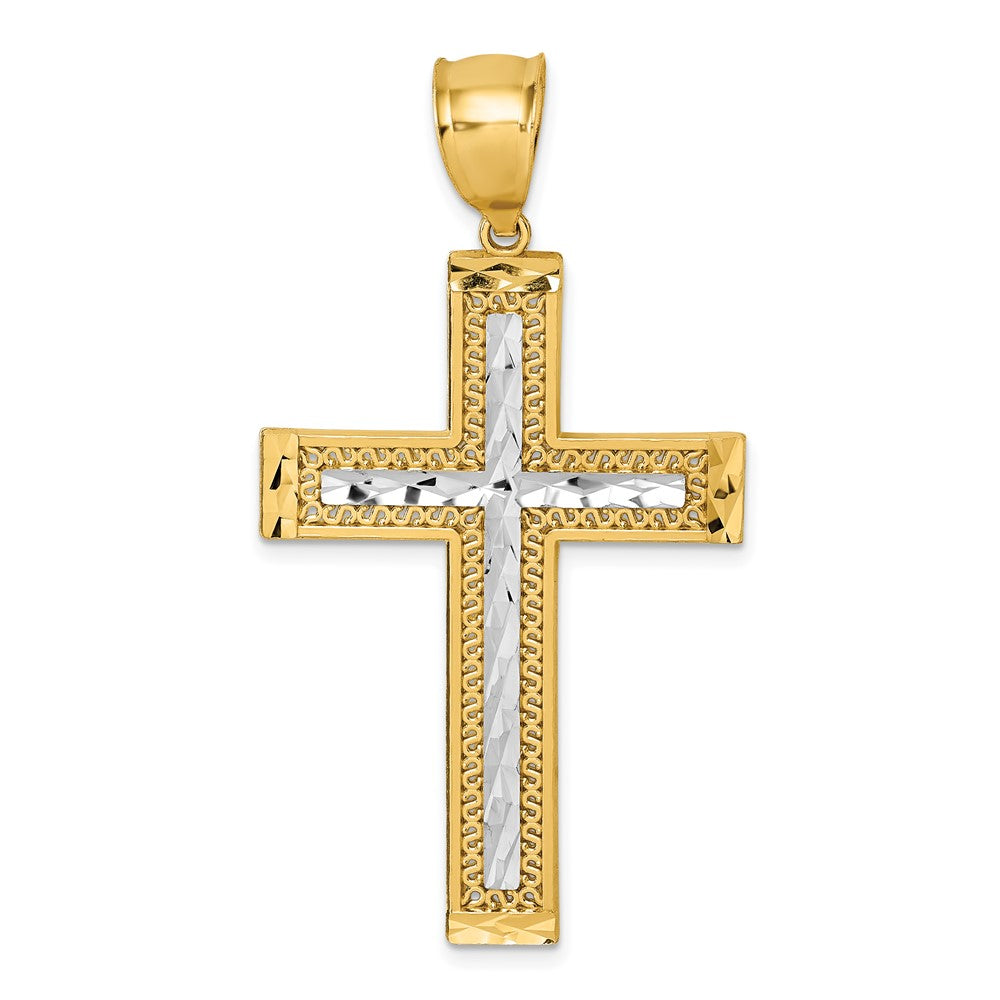 14K Yellow & Rhodium Pol. with Rhodium Diamond-cut Textured Fancy Cross Pendant - Product Photo