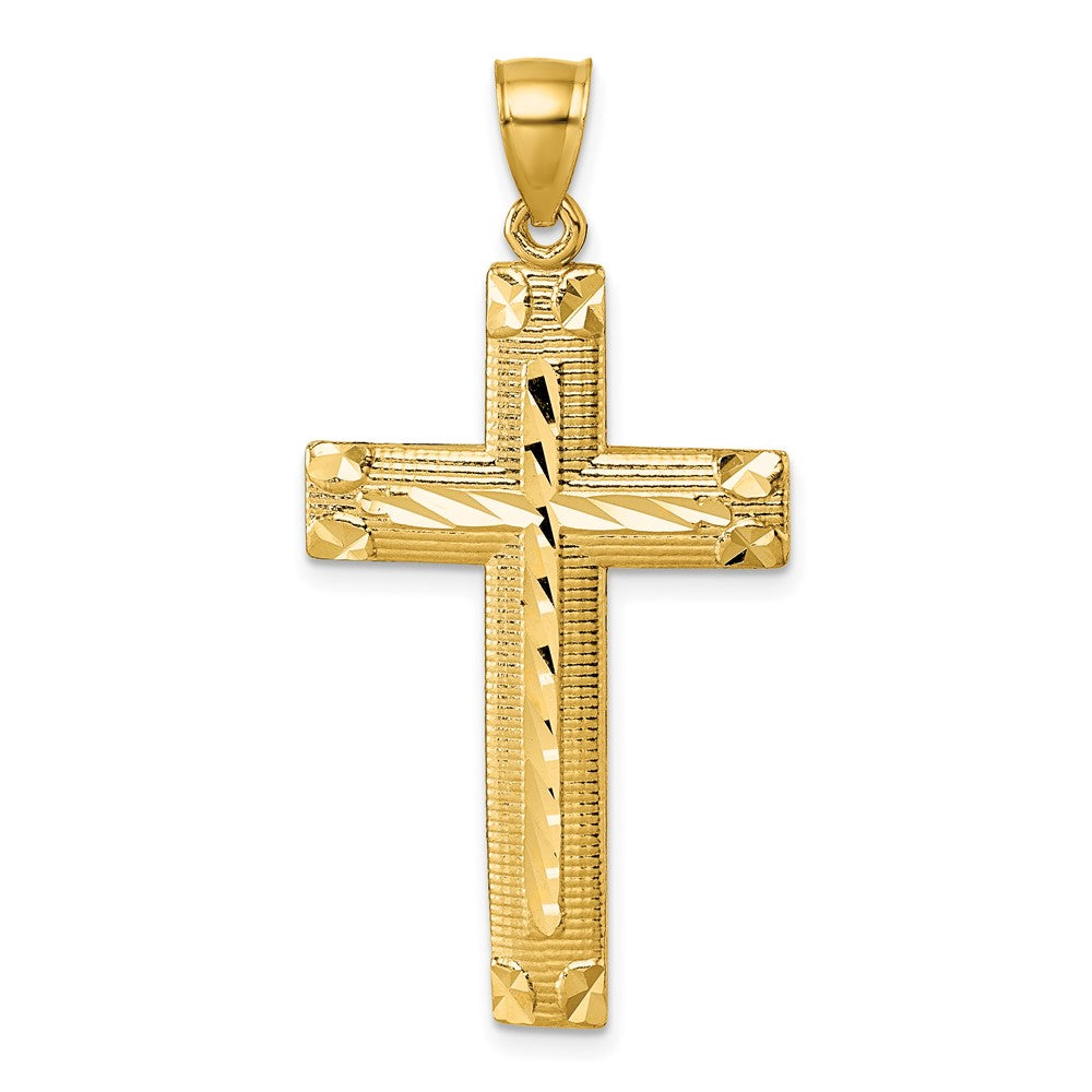 14K Yellow Gold Polished Diamond-cut Textured Fancy Cross Pendant - Product Photo