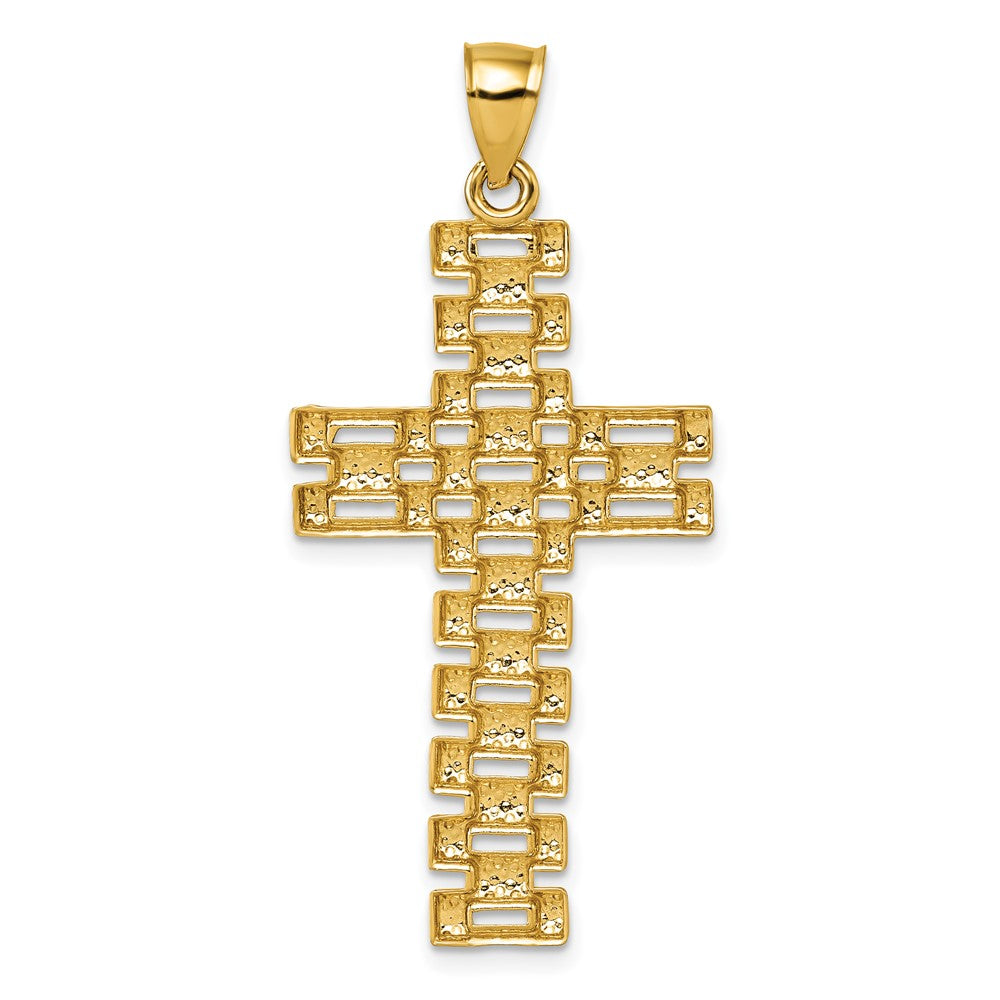 14K Yellow Gold Polished Diamond-cut Textured Fancy Link Cross Pendant - Product Photo