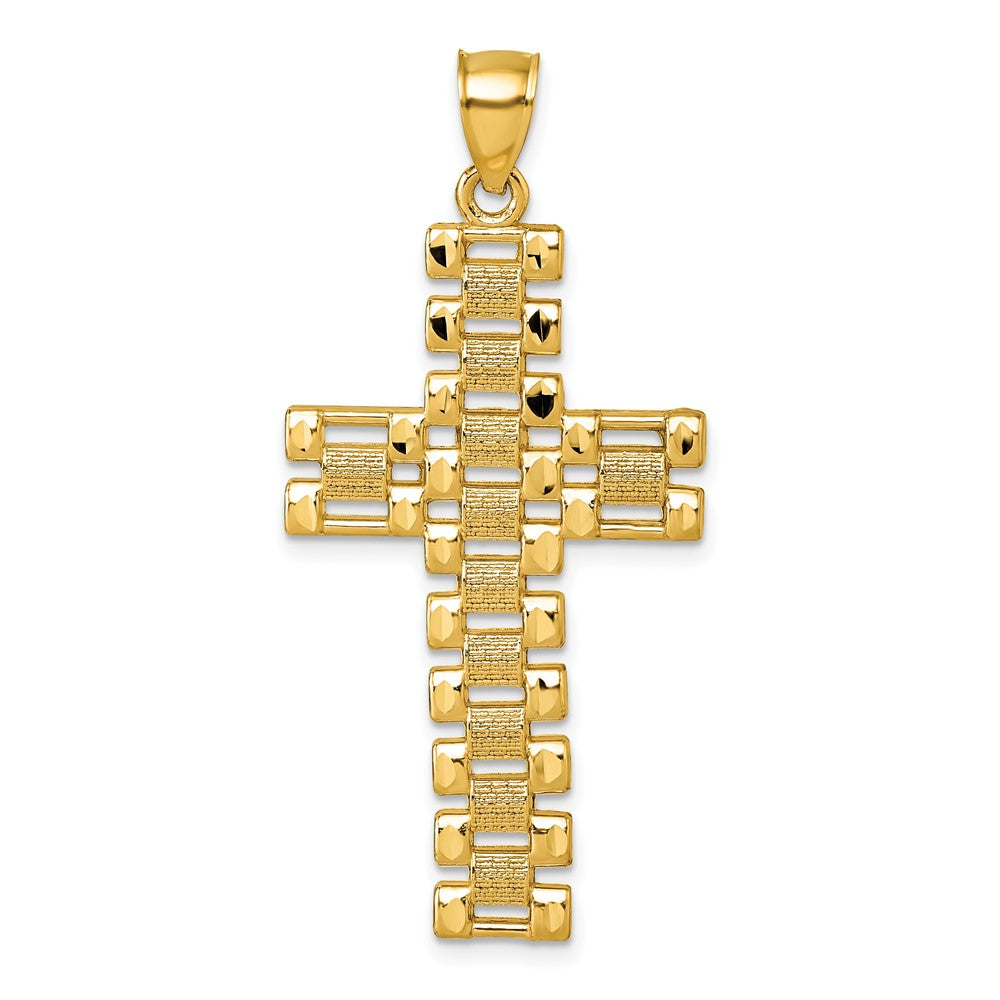 14K Yellow Gold Polished Diamond-cut Textured Fancy Link Cross Pendant - Product Photo