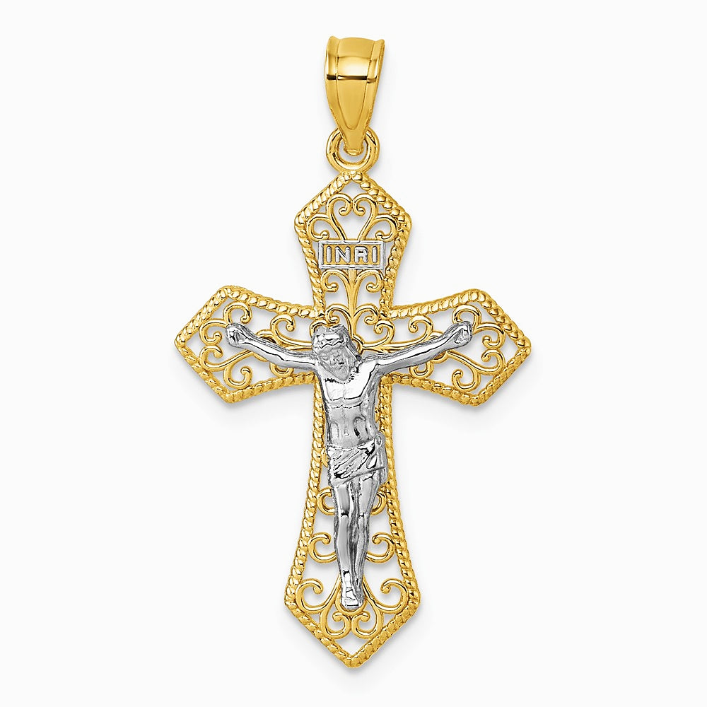 14K Two-tone Polished and Beaded Fancy Crucifix Pendant
