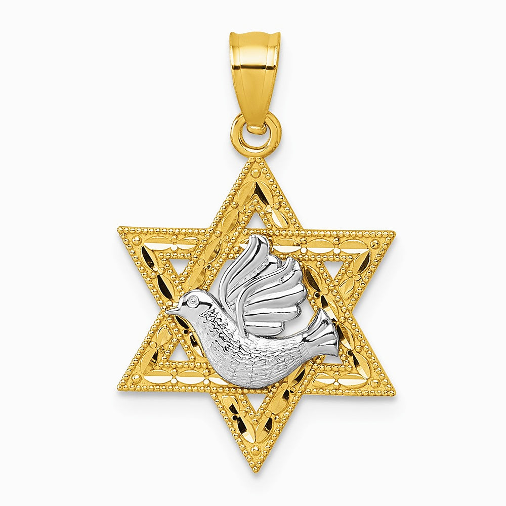 14K Two-tone Textured/Diamond-cut Dove On Star Of David Pendant - Product Photo