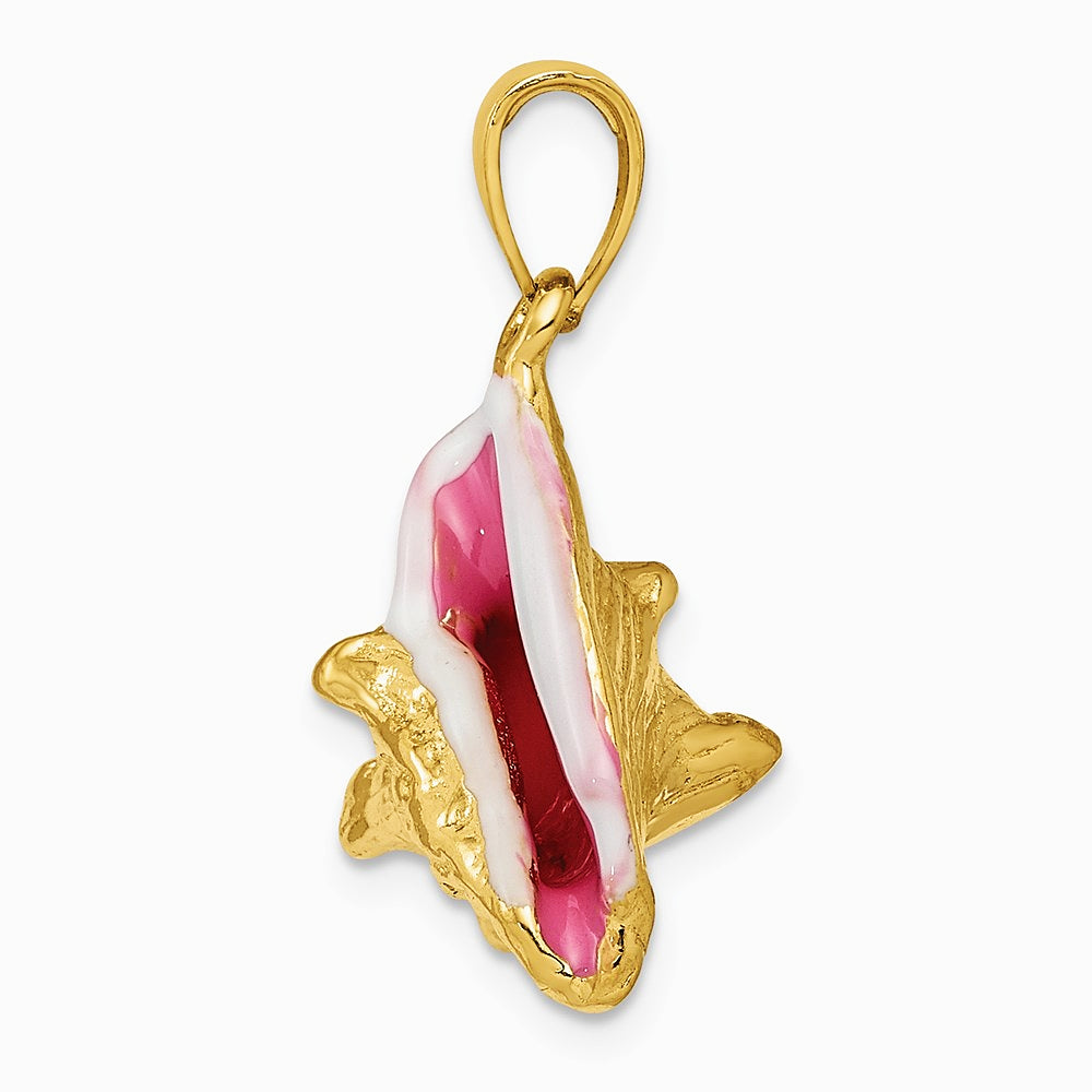 10K / 14K Yellow Gold Pol. 3-Dimensional Pink & White Enameled Conch Shell - Product Photo