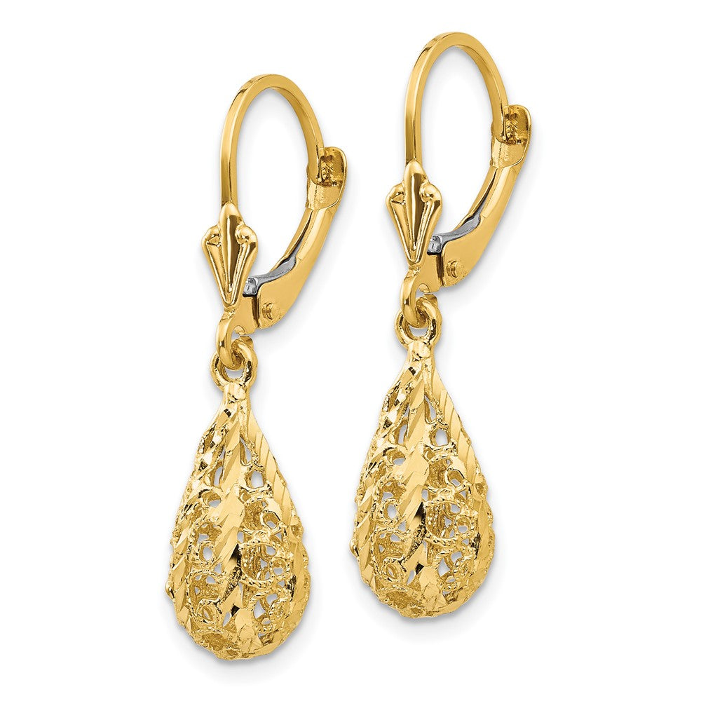 14k Polished Diamond-Cut Filigree Dangle Leverback Earrings - Product Photo