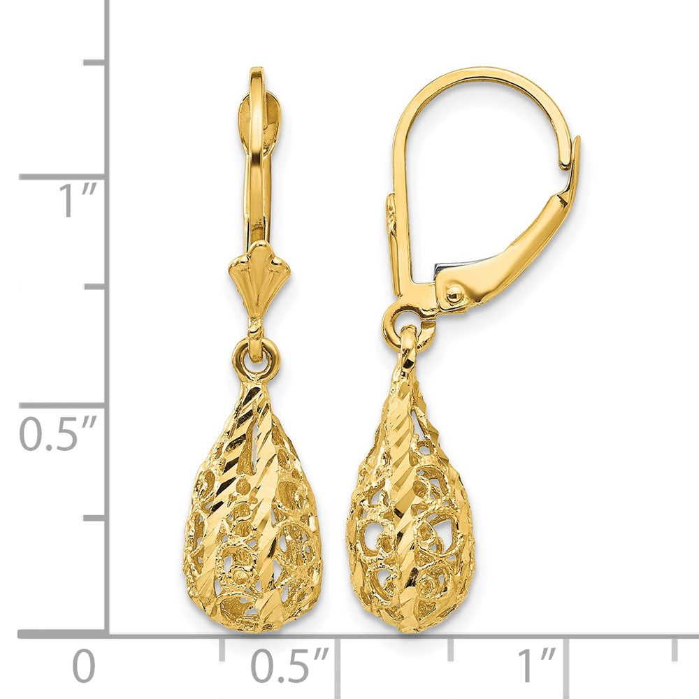 14k Polished Diamond-Cut Filigree Dangle Leverback Earrings - Product Photo