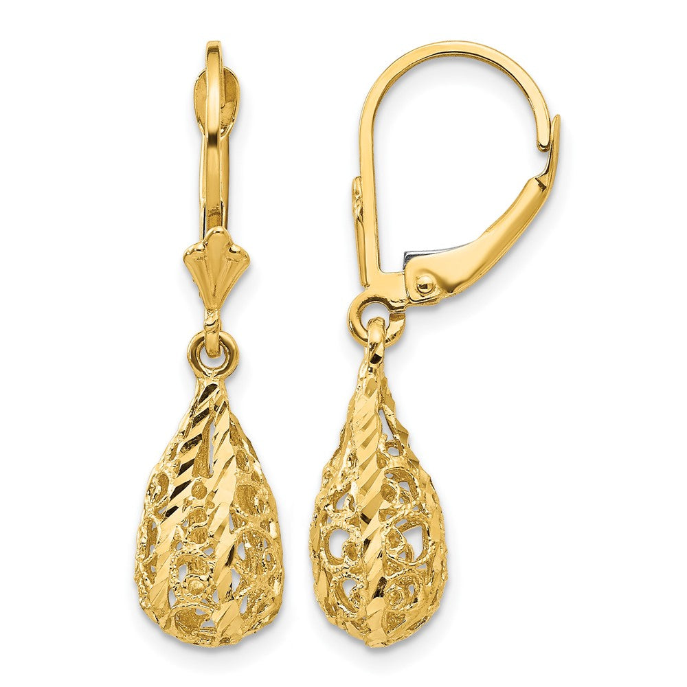 14K Yellow Gold Polished Diamond-Cut Filigree Dangle Leverback Earrings