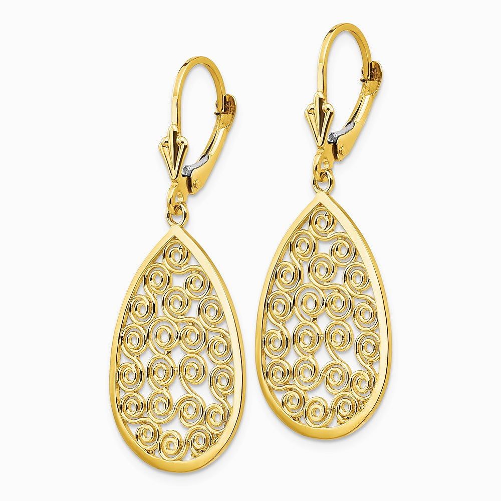 14K Yellow Gold Teardrop Filigree Dangle Leverback Earrings - Product Photo