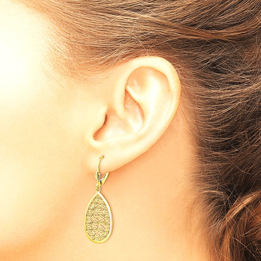 14K Yellow Gold Teardrop Filigree Dangle Leverback Earrings - Product Photo