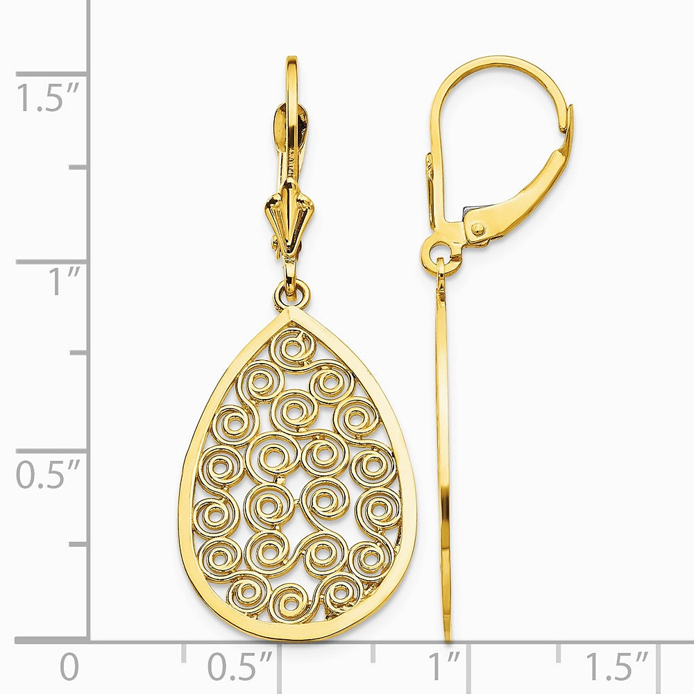 14K Yellow Gold Teardrop Filigree Dangle Leverback Earrings - Product Photo