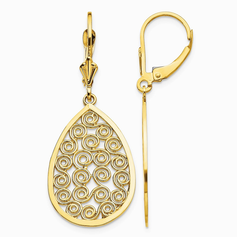14K Yellow Gold Teardrop Filigree Dangle Leverback Earrings