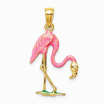 10K / 14K Yellow Gold Enameled 3-D Pink Flamingo Pendant - Product Photo