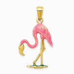 10K / 14K Yellow Gold Enameled 3-D Pink Flamingo Pendant - Product Photo
