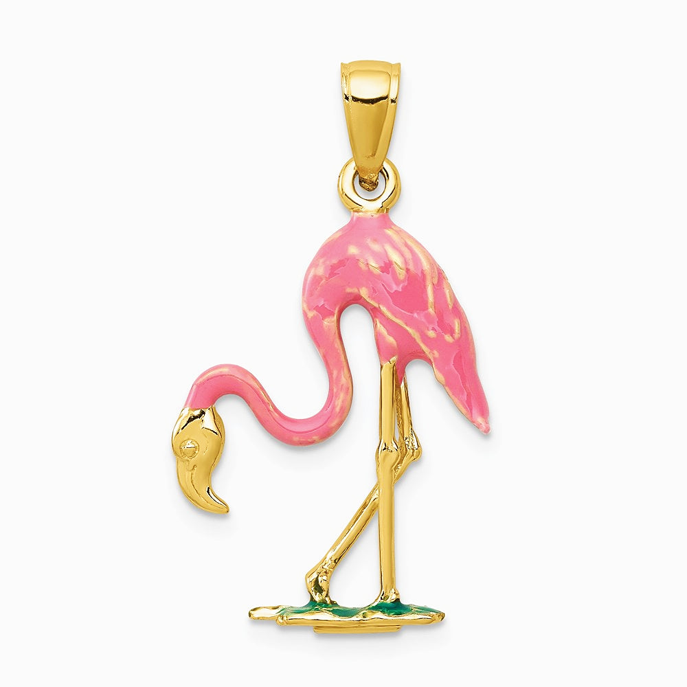 10K / 14K Yellow Gold Enameled 3-D Pink Flamingo Pendant - Product Photo