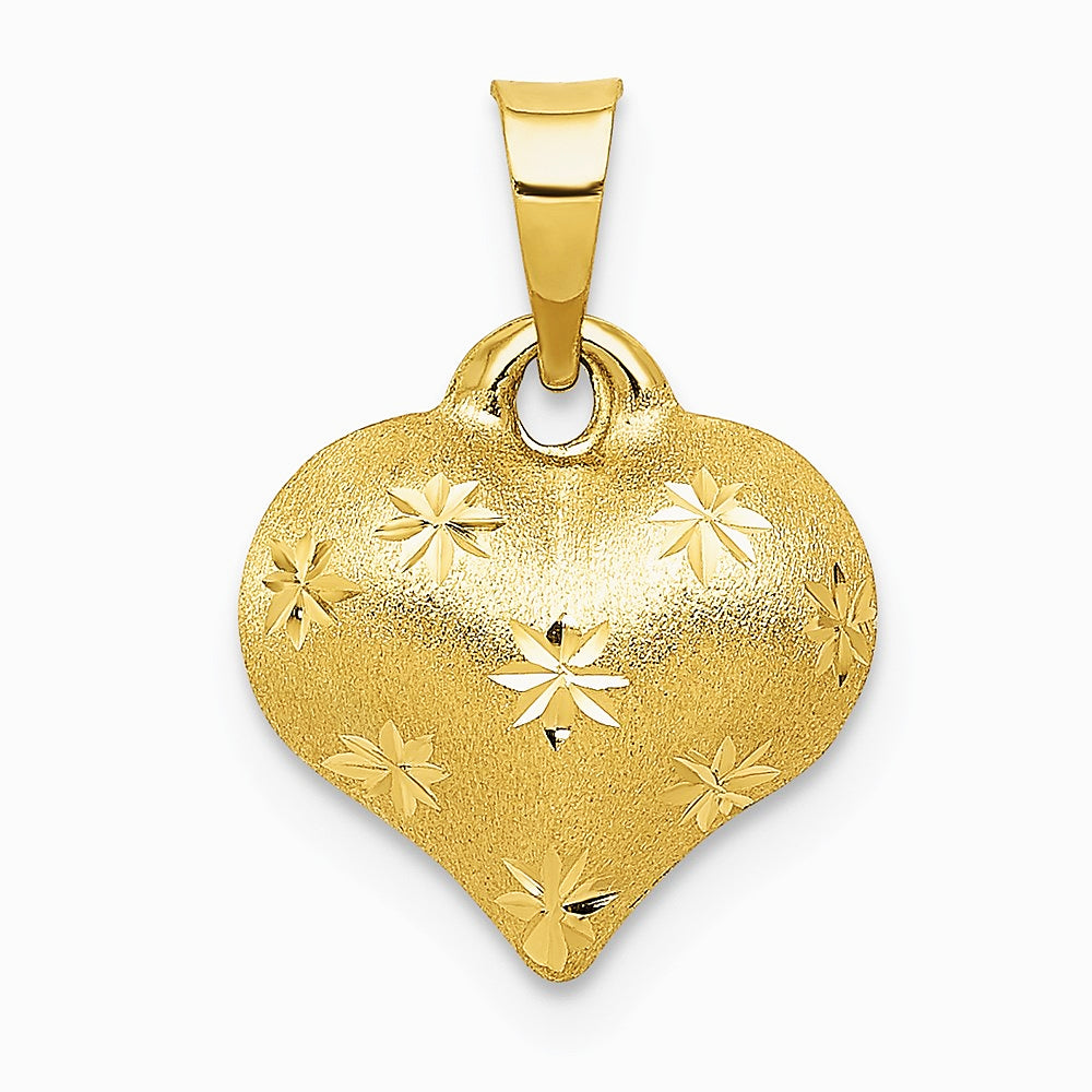 10K / 14K Yellow Gold Polished & Satin Diamond-Cut 3-D Puffed Heart Pendant - Product Photo