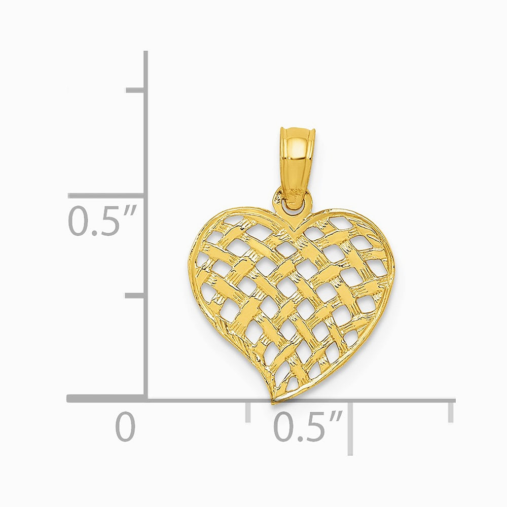 10K / 14K Yellow Gold Polished Basket Weave Pattern Heart Pendant - Product Photo