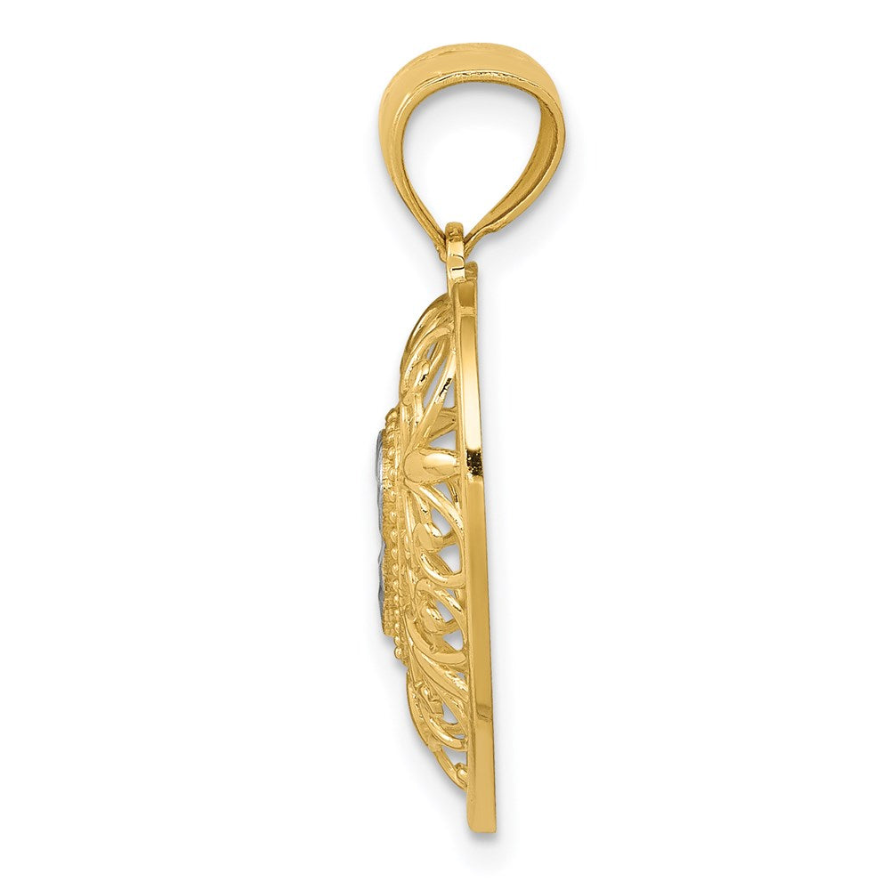 14K and White Rhodium Polished Diamond-cut Filigree Heart Pendant - Product Photo