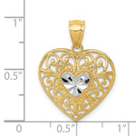 14K and White Rhodium Polished Diamond-cut Filigree Heart Pendant - Product Photo