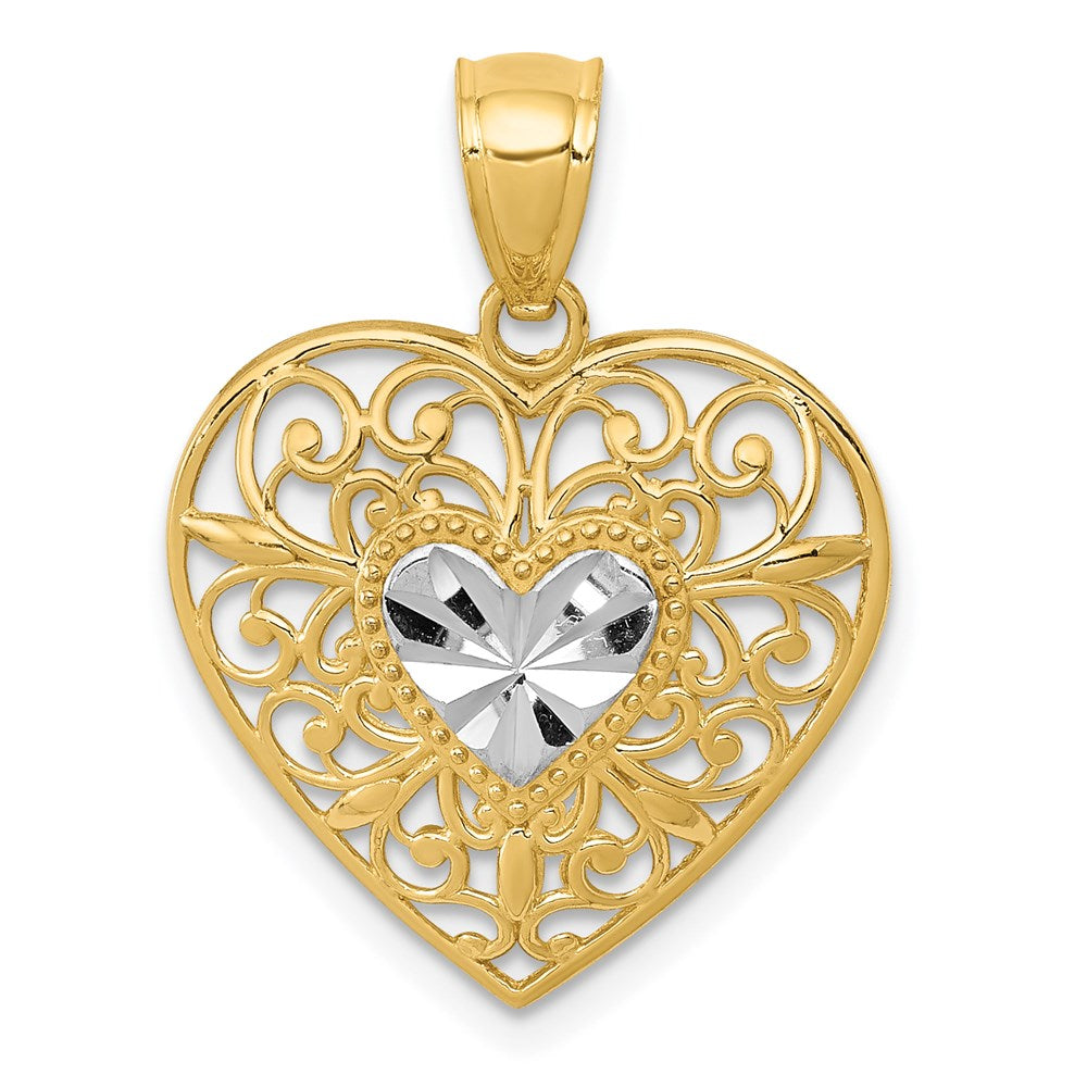 14K and White Rhodium Polished Diamond-cut Filigree Heart Pendant - Product Photo
