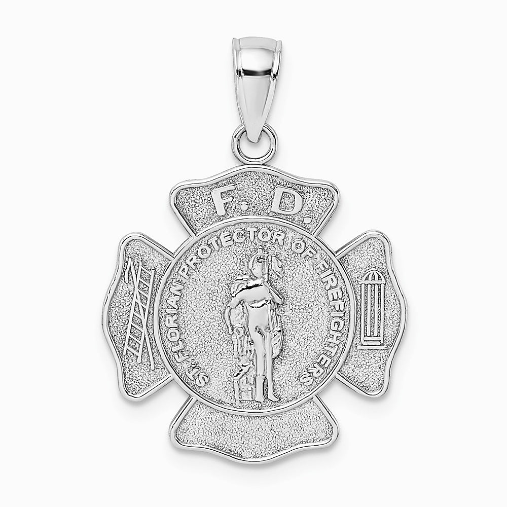 14K White Gold Fire Department FD St. Florian Badge Pendant - Product Photo