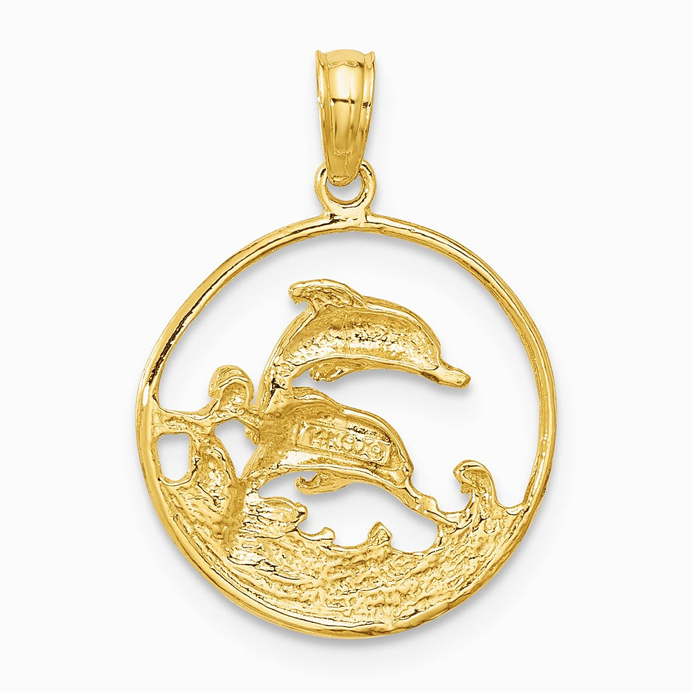 10K / 14K Yellow Gold Double Dolphin Circle Pendant - Product Photo