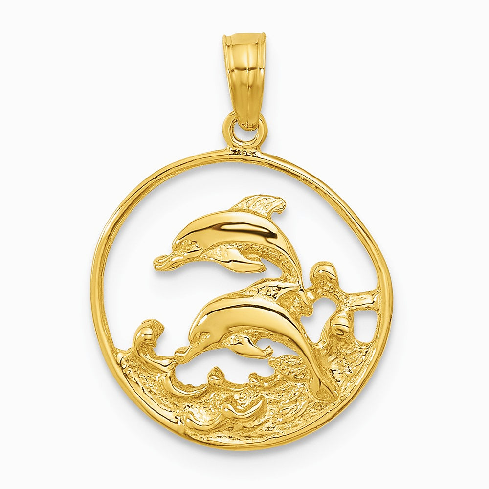 10K / 14K Yellow Gold Double Dolphin Circle Pendant - Product Photo