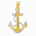 10K / 14K Yellow with Rhodium Yellow Gold W/ Rhodium Anchor with Rope Pendant - Product Photo