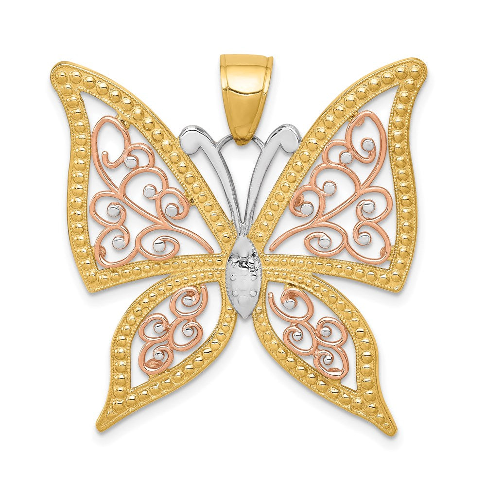 14K Two-tone with White Rhodium Diamond-cut Butterfly Pendant