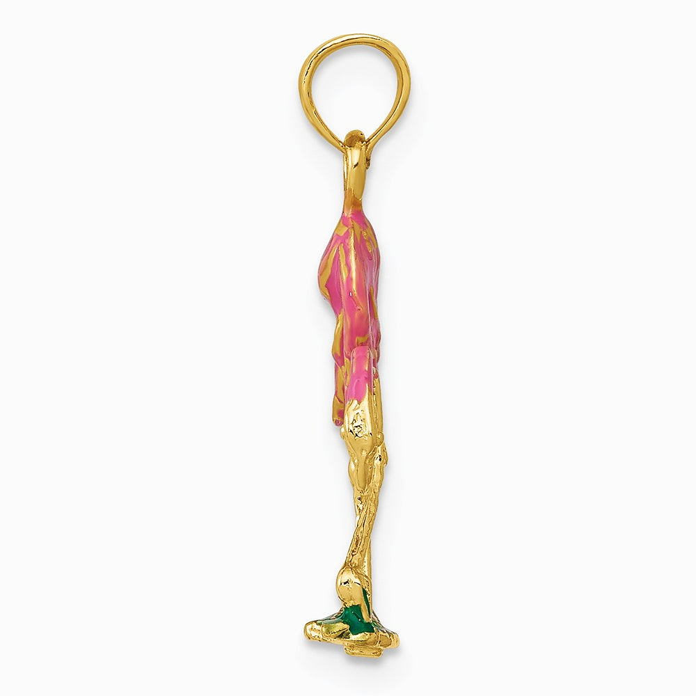 10K / 14K Yellow Gold 3-D Enameled Pink Flamingo Pendant - Product Photo