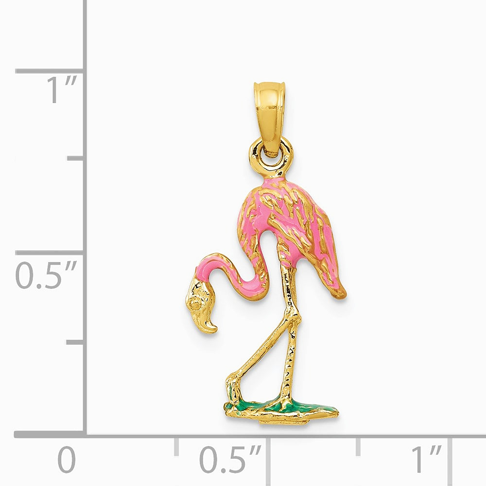 10K / 14K Yellow Gold 3-D Enameled Pink Flamingo Pendant - Product Photo