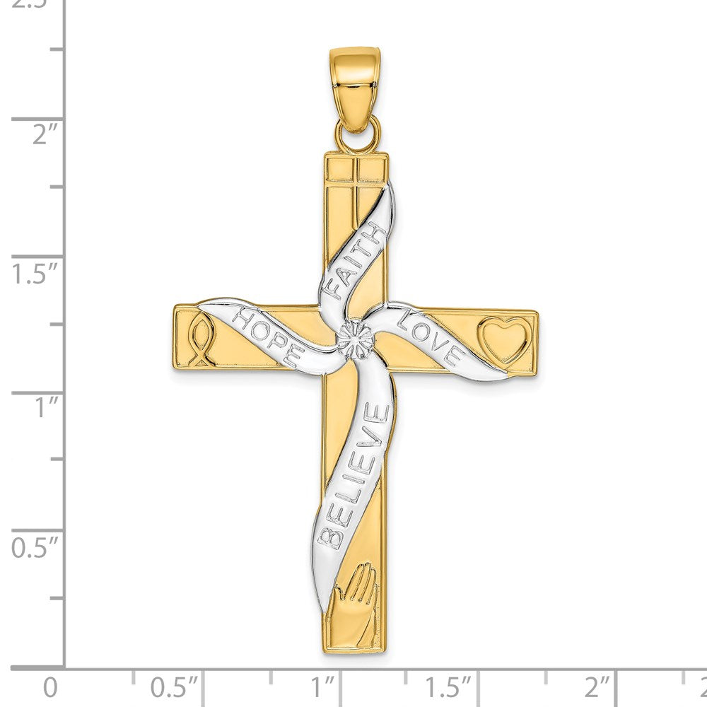 14K Yellow & Rhodium with Rhodium HOPE FAITH LOVE BELIEVE Cross Pendant - Product Photo