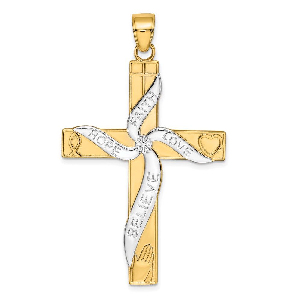 14K Yellow & Rhodium with Rhodium HOPE FAITH LOVE BELIEVE Cross Pendant - Product Photo