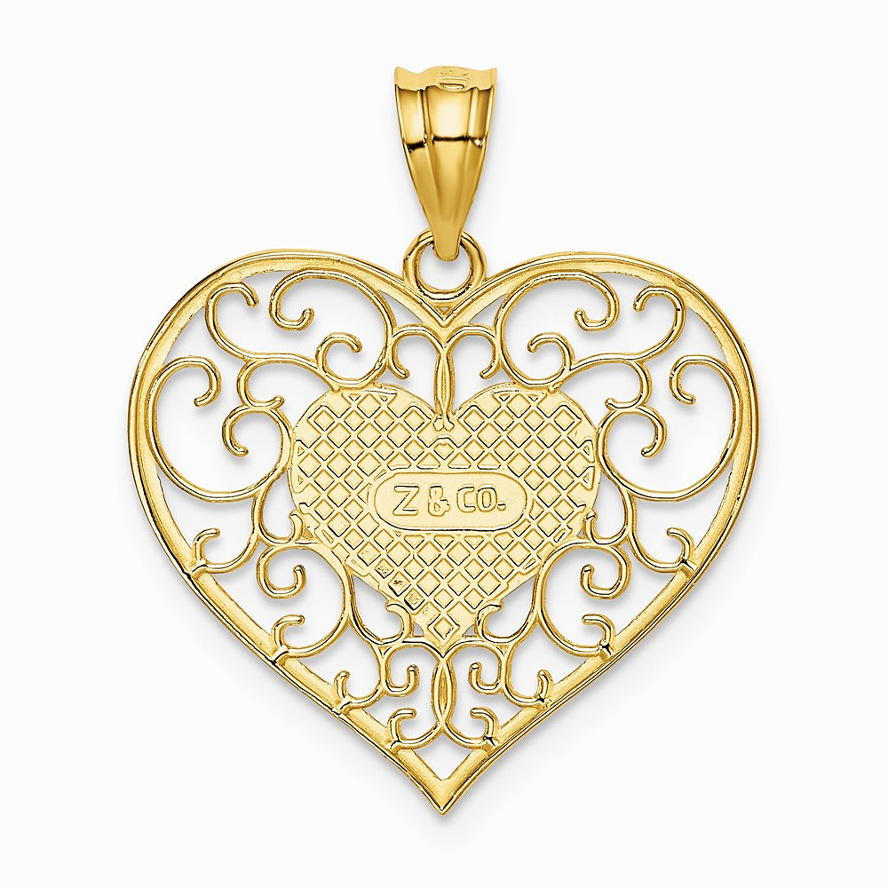 14K Yellow Gold Polished Filigree Heart Pendant - Product Photo