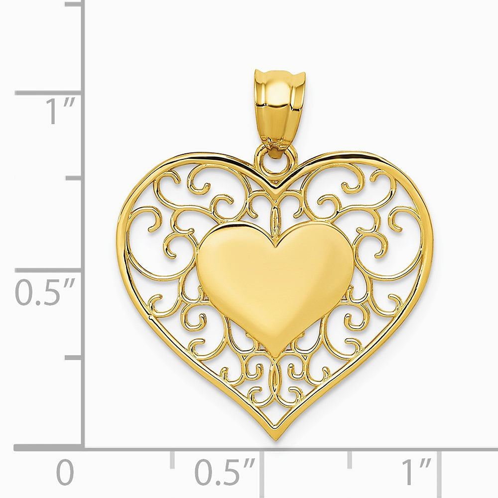 14K Yellow Gold Polished Filigree Heart Pendant - Product Photo