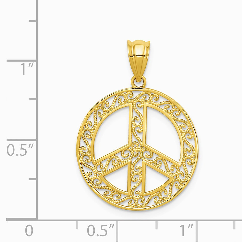 14K Yellow Gold Filigree Peace Sign Pendant - Product Photo