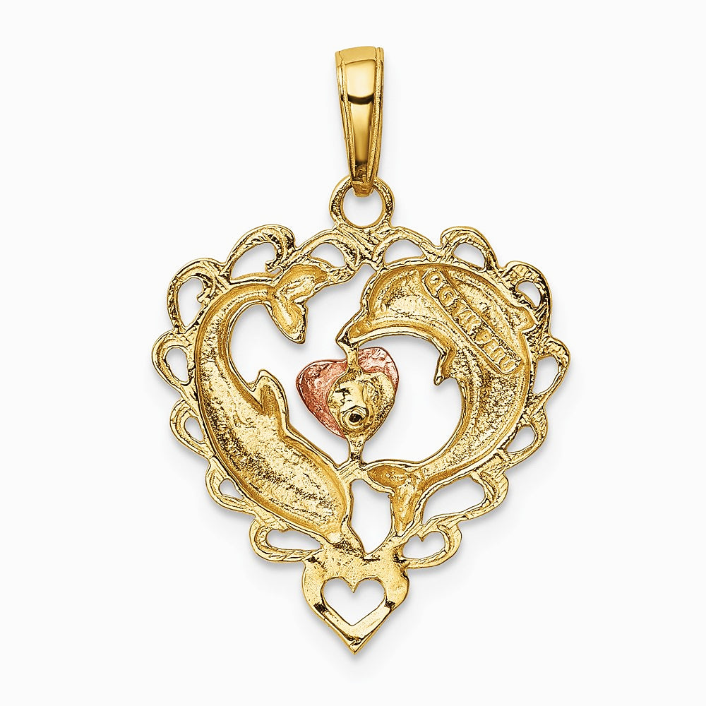 14K Two-Tone with White Rhodium Dolphins In Heart Pendant - Product Photo