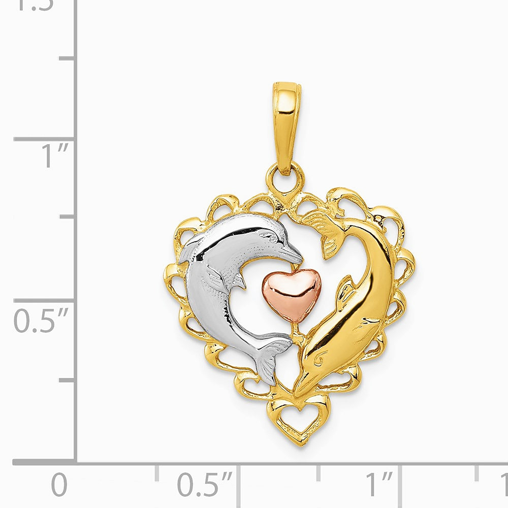 14K Two-Tone with White Rhodium Dolphins In Heart Pendant - Product Photo