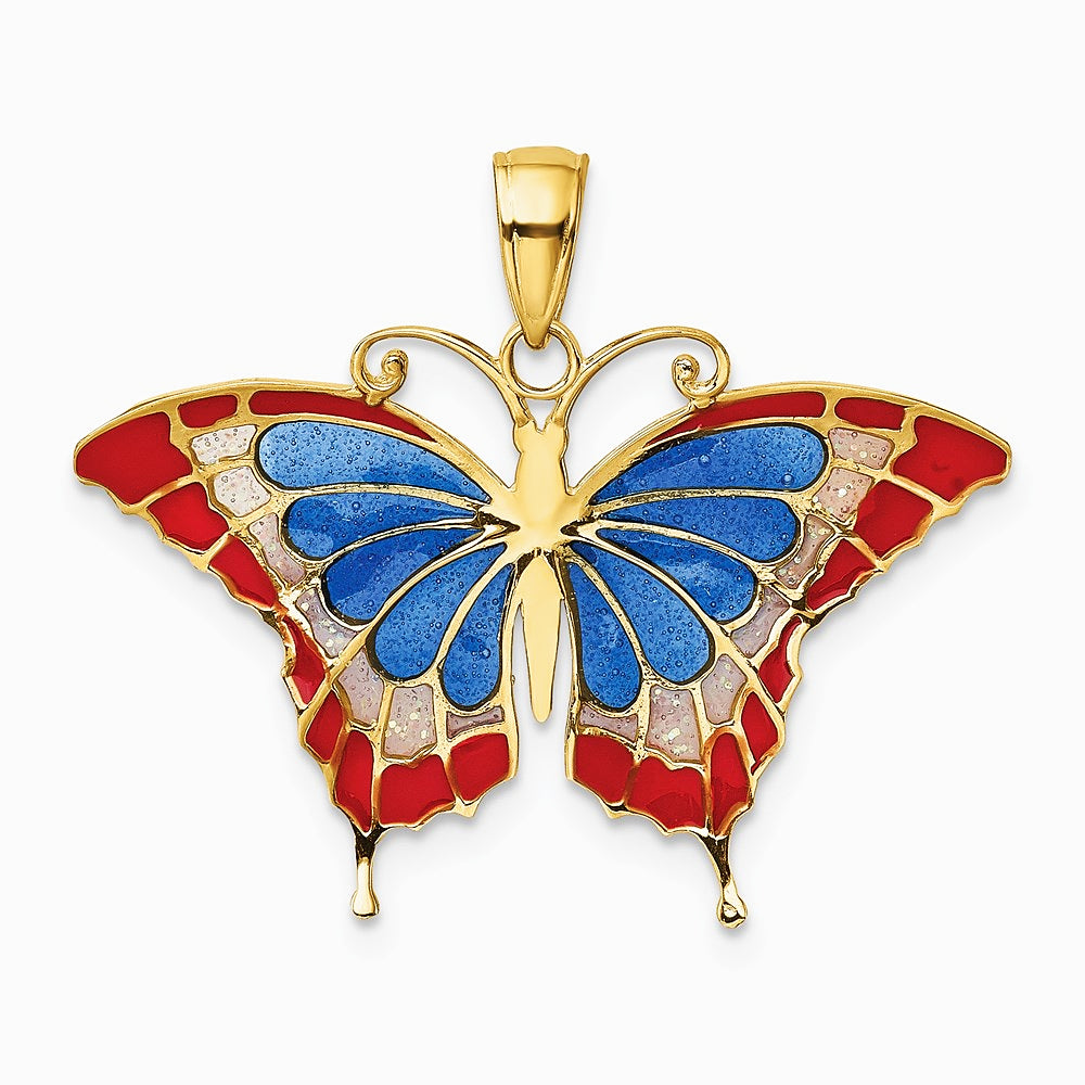 10K / 14K Yellow Gold Blue & Red Enameled Butterfly Pendant - Product Photo