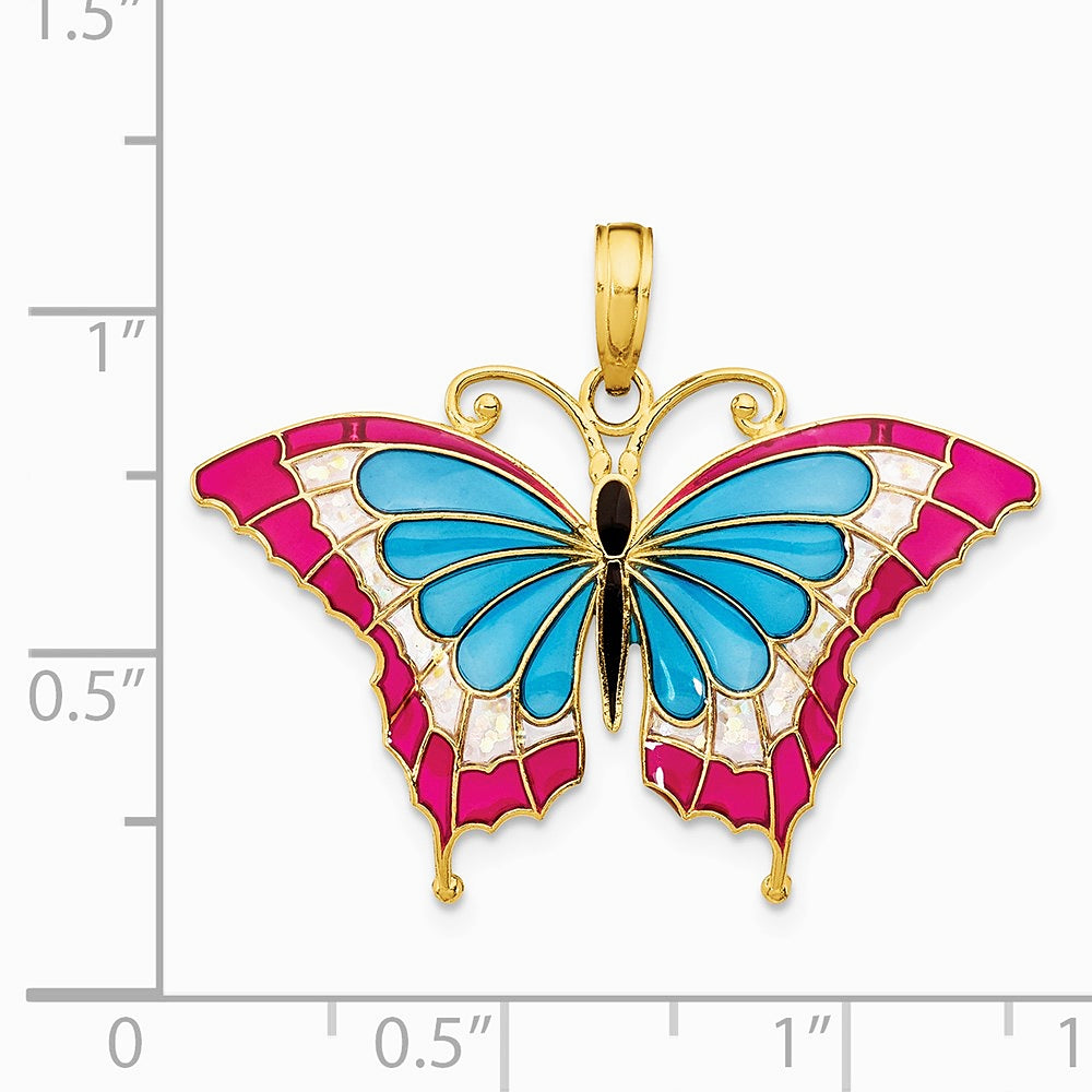 10K / 14K Yellow Gold Blue & Red Enameled Butterfly Pendant - Product Photo