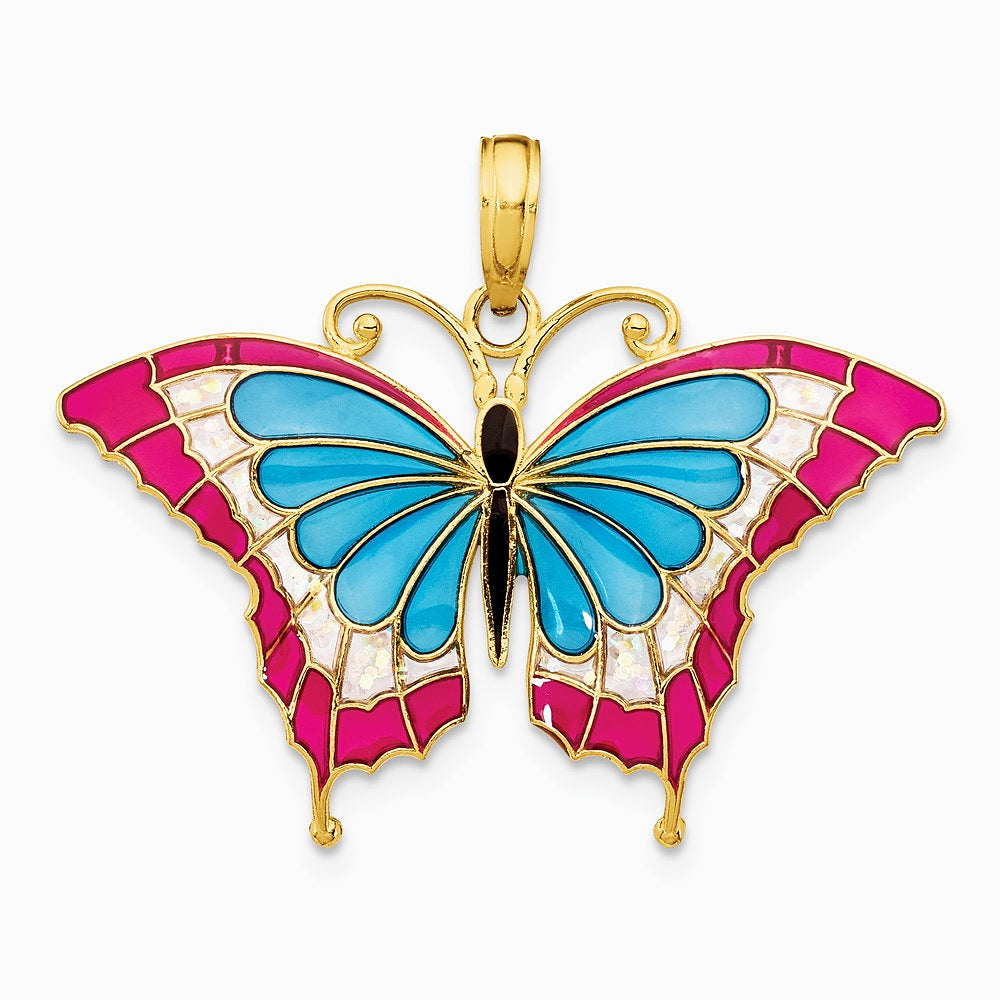 10K / 14K Yellow Gold Blue & Red Enameled Butterfly Pendant - Product Photo