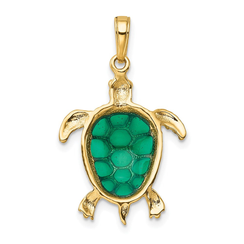 10K / 14K Yellow Gold Green Enameled Sea Turtle Pendant - Product Photo