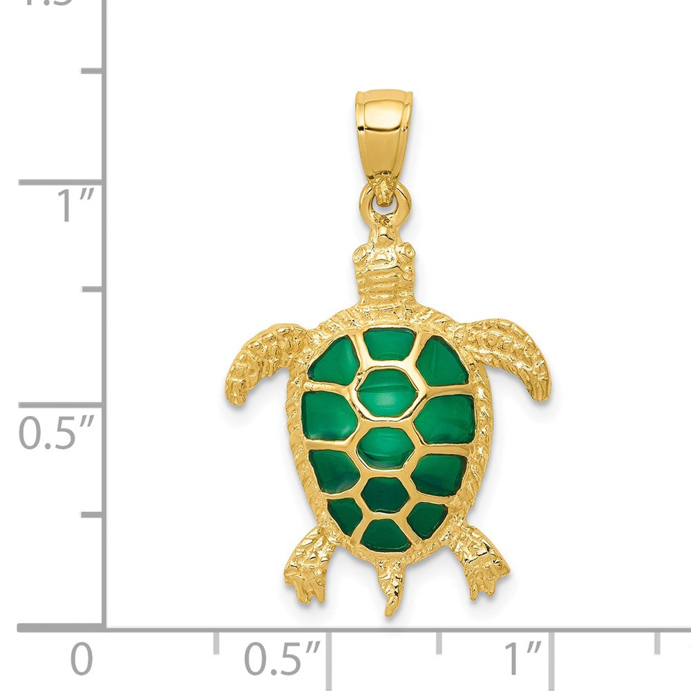 10K / 14K Yellow Gold Green Enameled Sea Turtle Pendant - Product Photo