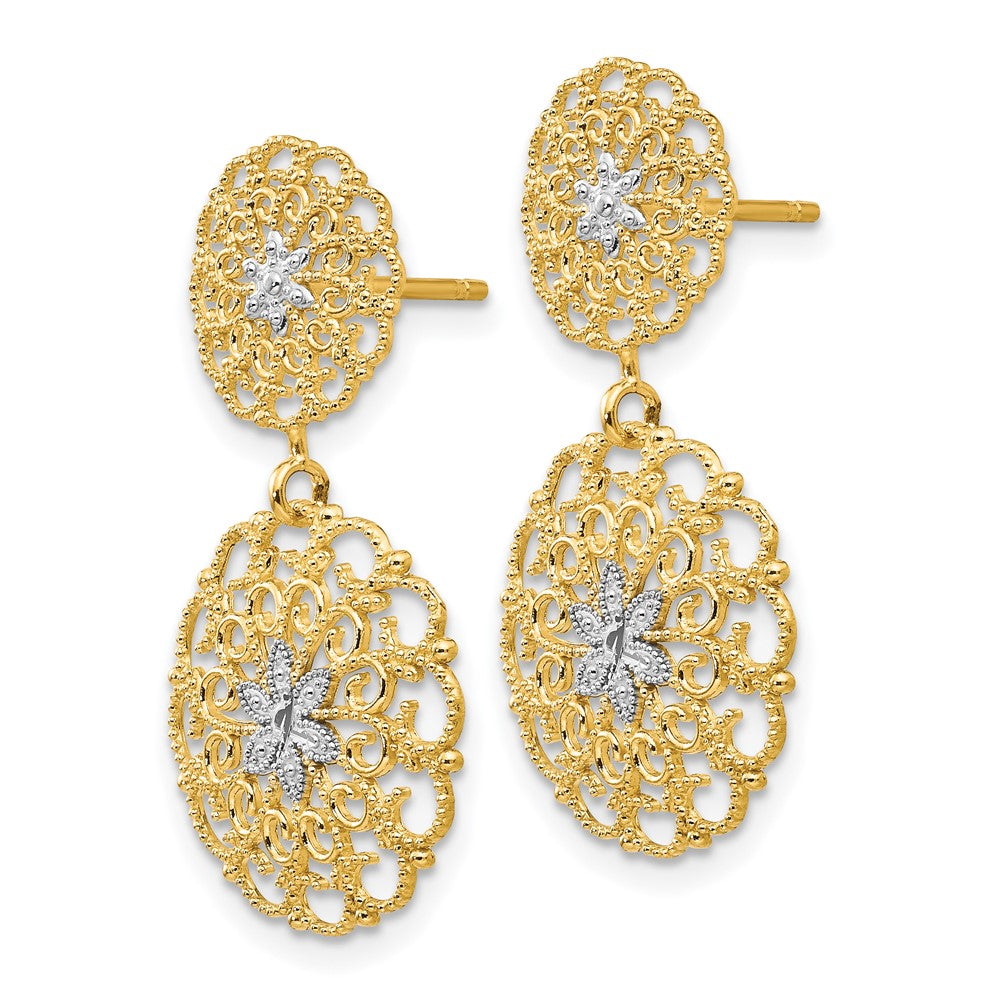 14K w/Rhodium D/C Filigree Medallion Drop Post Earrings - Product Photo