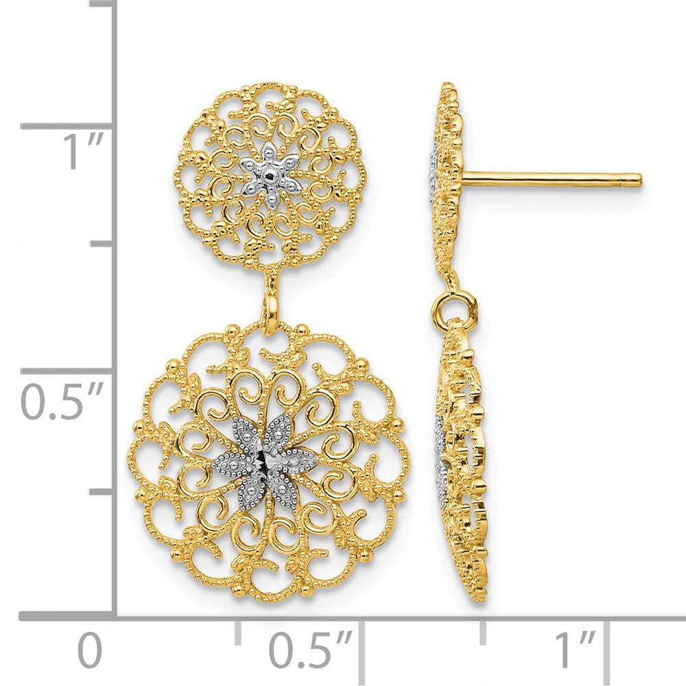 14K w/Rhodium D/C Filigree Medallion Drop Post Earrings - Product Photo
